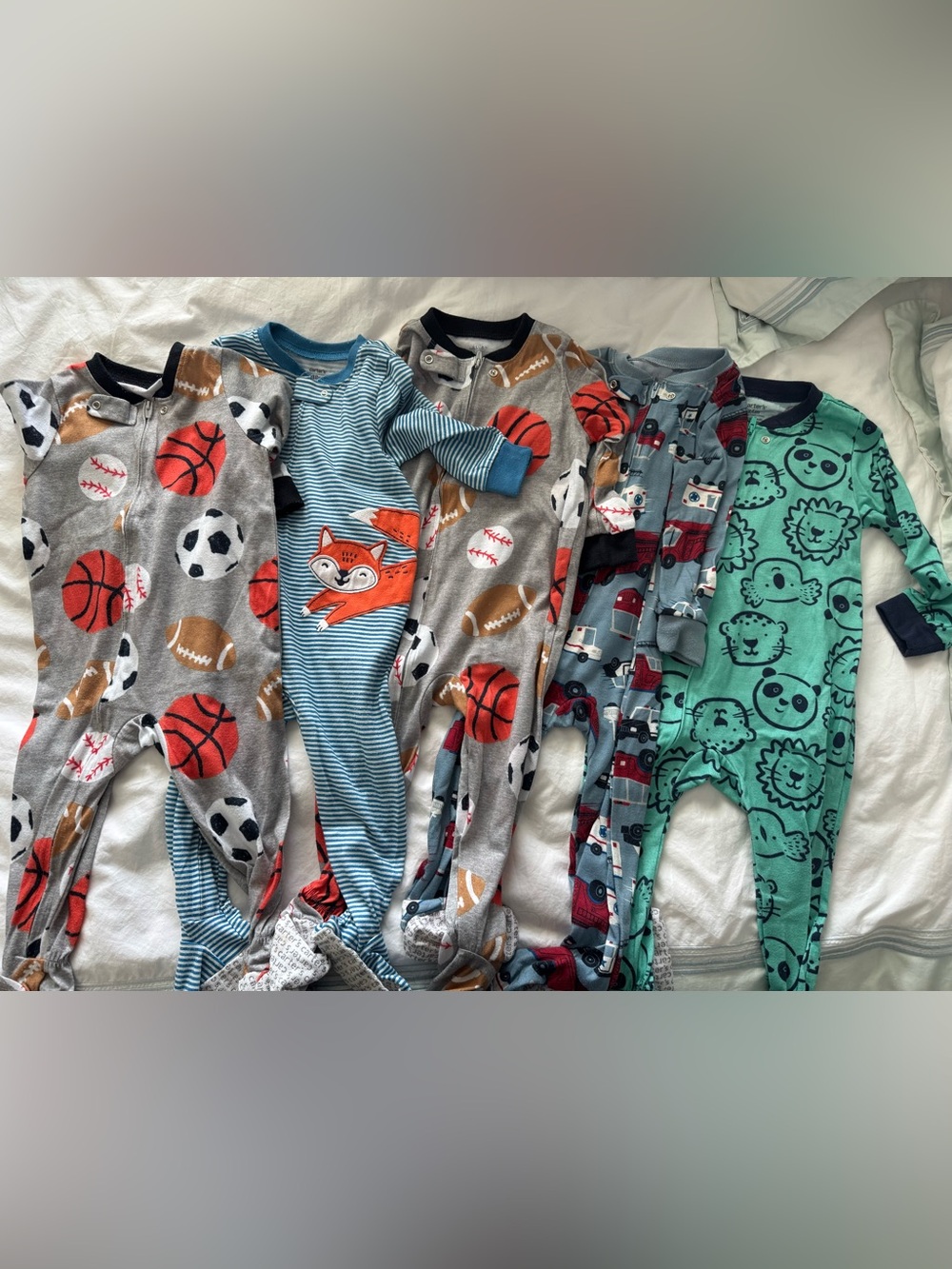 Carter’s Footie Pajamas Lot of 5 18 and 24 Month Sports Fox Zoo Animal Rescue